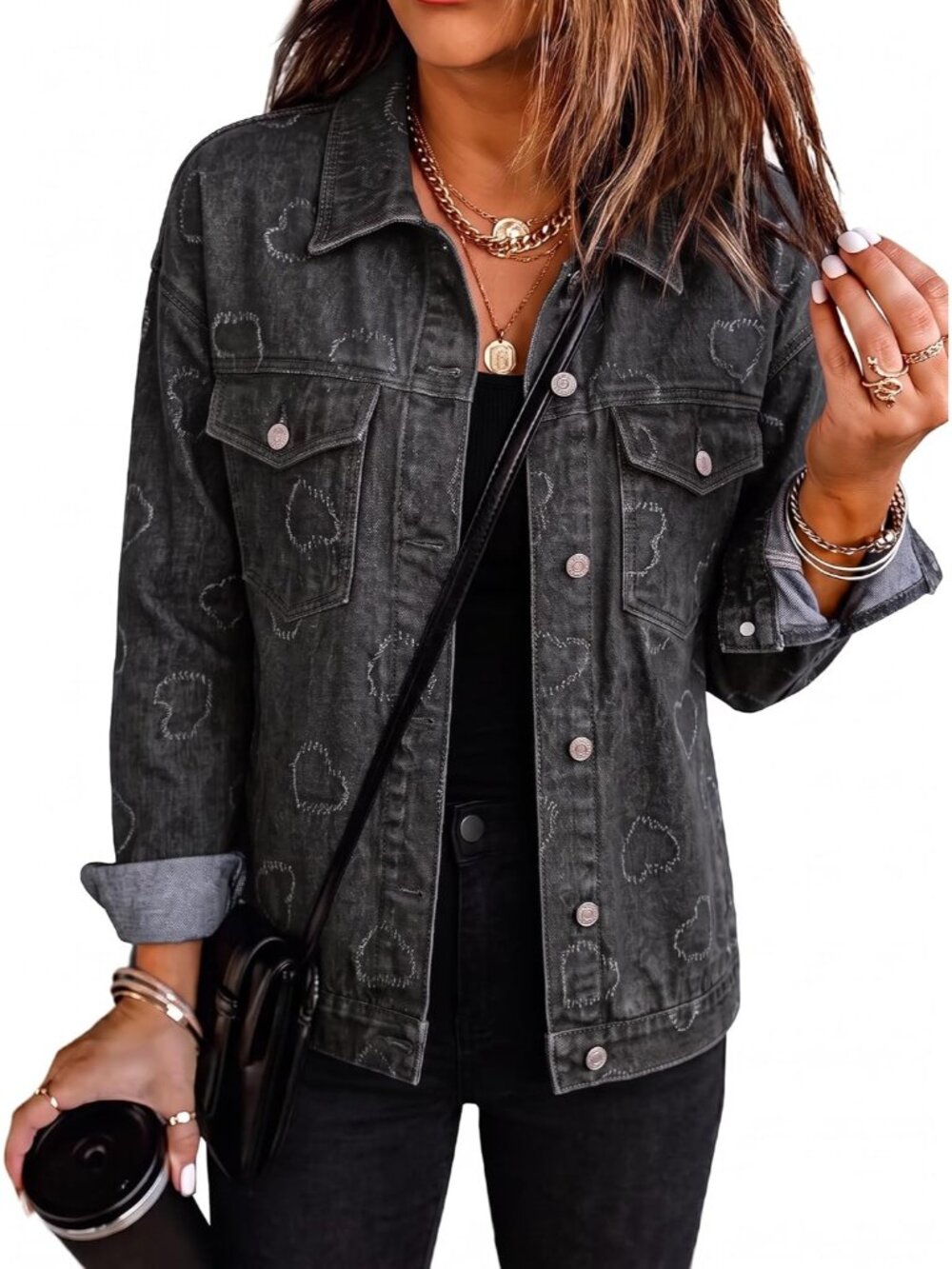 Womens Grey Button Down Oversized Coat Pockets Heart Star Denim Jean Jacket